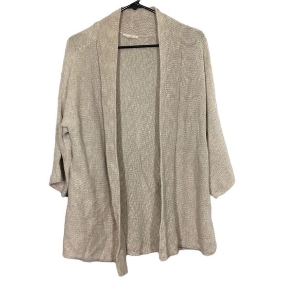 EILEEN FISHER KNIT OPEN FRONT 3/4‎ SLEEVE CARDIGAN 100% COTTON TAN XL MINIMALIST - Picture 1 of 8